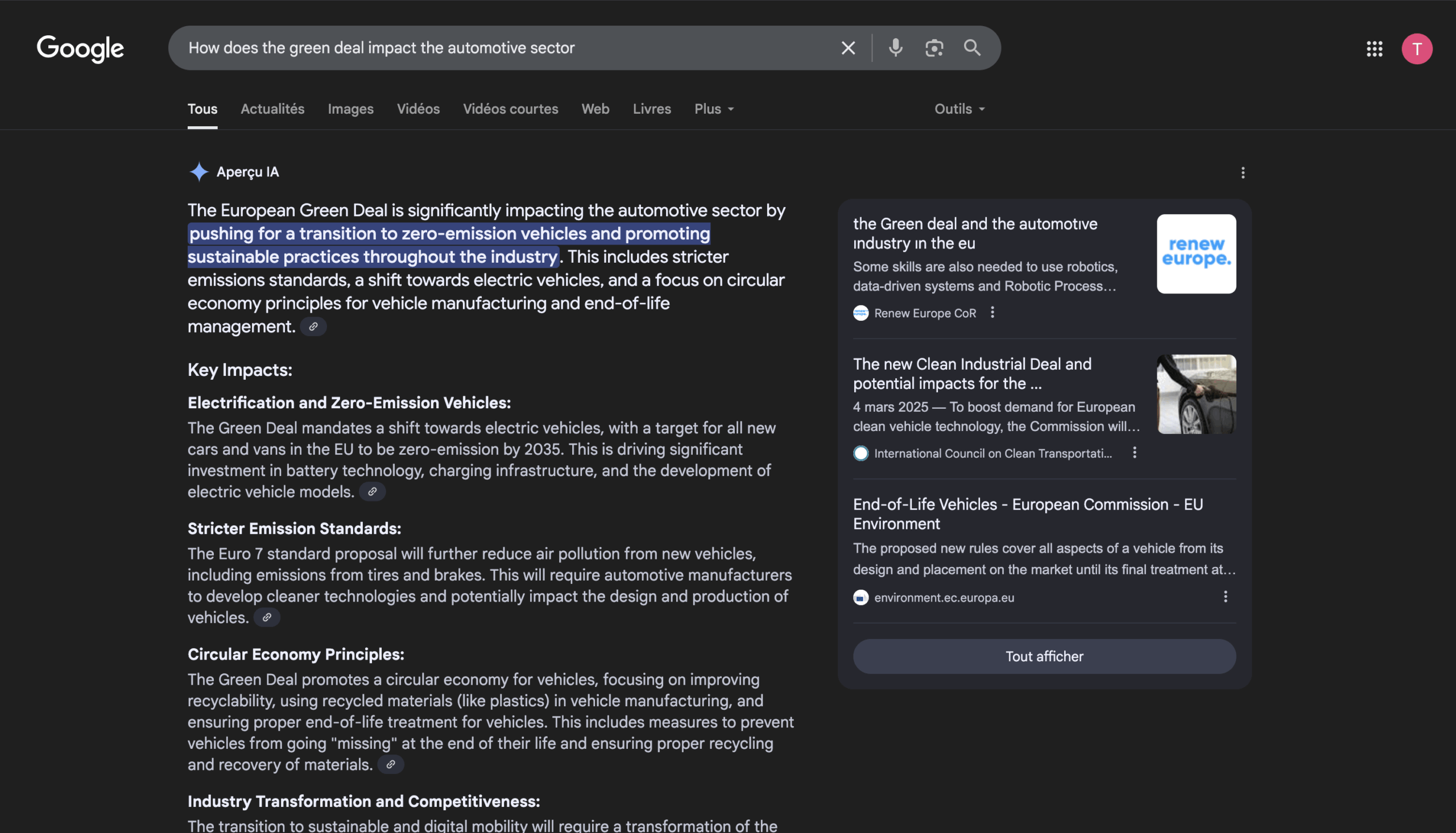 Google AI Overview summary for Green Deal Impact on the Automotive Sector